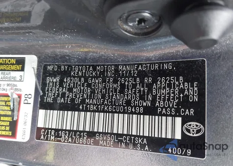2012 Toyota Camry Se/Xle z USA, uszkodzony, nr VIN 4T1BK1FK6CU019498